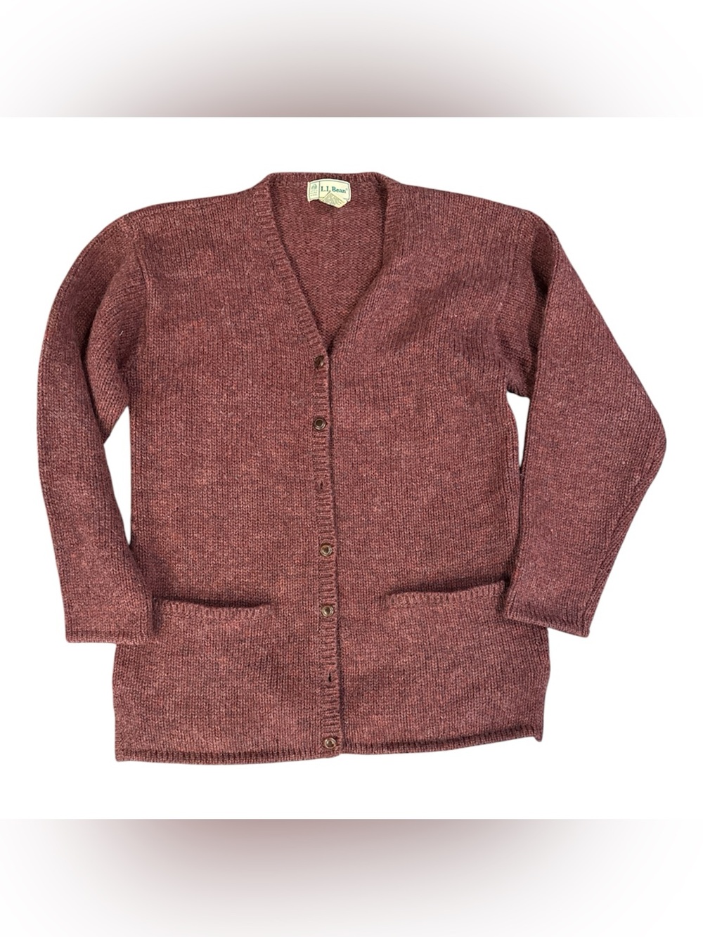 L.L. Bean Women's Heathered Burgundy Button-Front Cardigan 100% wool